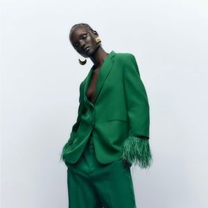 Zara Green Straight Cut Feather Blazer
